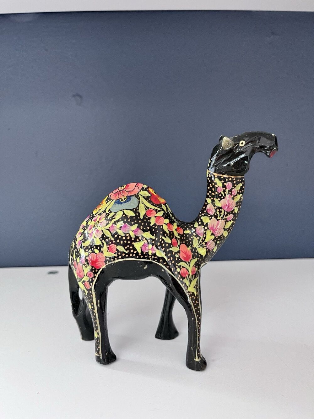 Vintage Hand Carved Wooden Black Camel figure folk Art Hand Painted 5" Tall